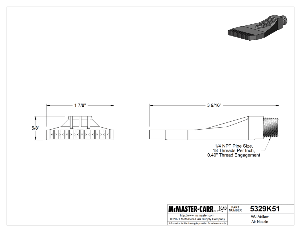 Technical Drawing of Wide-Airflow Air Nozzle, ABS, 1/4 NPT Male.